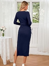cheap Women-Women's long sleeve square neck waist pleat one side slit ribbed long dress