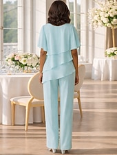 baratos Terninhos de calça da mamãe-Duas Peças Terninho Longo Vestido Para Mãe dos Noivos Manga Curta Decorado com Bijuteria Elegante Tamanhos Grandes Convidado do casamento Chiffon com Babados em Cascata