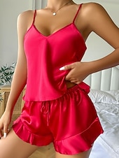 voordelige Slaaptops en -broeken voor dames-Dames Pyjamaset Casual Zacht Satijn Heldere kleur Met ruches Trekkoord Blote rug Korte broek Dagelijks Huis Bed Mouwloos hihnat blauw Zwart Champagne Blozend Roze Rood Zomer Ruim Passend