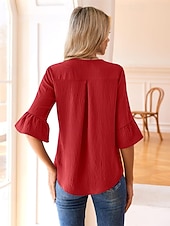 Χαμηλού Κόστους Επίσημες Μπλούζες-Γυναικεία Πουκάμισο Κομψή Σατέν Μπλούζα Μπλούζα Σουρωτά Με Βολάν Κουρελού Σκέτο Κομψό Βίντατζ Καθημερινά Μακρυμάνικο Λαιμόκοψη V Κανονικά μπλουζάκια Καθημερινά Δουλειά Αργίες