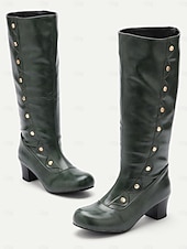 cheap St. Patrick's Day-Women's Green Knee-High Boots with Button Detail – Stylish and Vintage Heeled Footwear for St. Patrick's Day Parades, Festivities and Celebrations