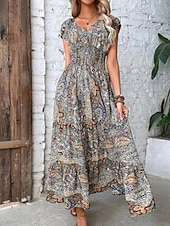 levne Dovolená Boho šaty-Dámské Maxi šaty Volnočasové šaty Swingové šaty Áčkové šaty Boho šaty Čechy Geleneksel Na běžné nošení Denní Běžný Kašmírový vzor Krátký rukáv Do V Vodní modrá Léto Jaro