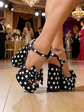 abordables Sandalias de Plataforma-Sandalias de plataforma con lunares negros para mujer: sandalias de tacón alto grueso con tiras en el tobillo y punta abierta con lazo retro para fiestas nocturnas y clubes. &amp;eventos nocturnos