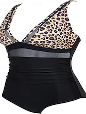 preiswerte Einteiler-Damen Badeanzug Einteiler Bikini Shorts Bademode Netz Rückenfrei Urlaub Strandbekleidung Leopard Blätter V Ausschnitt Ärmellos Badeanzüge