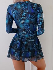 billiga Tankinis-Dam Badkläder Tankini 2 st Kjol Baddräkt Magkontroll Hög midja Smal Elegant Semester Blommig Rund hals Långärmad Baddräkter