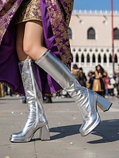 abordables Chaussures de femme-Bottes métalliques argentées jusqu'aux genoux avec talon bloc pour femmes Mardi Gras – Style rétro années 70 pour carnaval fêtes et événements costumés