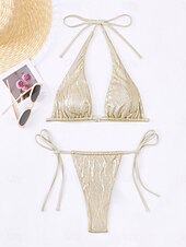 tanie Zestawy bikini-Kostium kąpielowy dwuczęściowy bikini dla kobiet stringi wąski odsłonięty tył wakacyjny strój plażowy jednolity kolor dekolt na szyję bez rękawów
