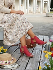 voordelige Hakken Sandalen-Rode damessandalen met dikke hak en ritssluiting, opengewerkt ontwerp, perfect voor tuinfeesten en casual gelegenheden.