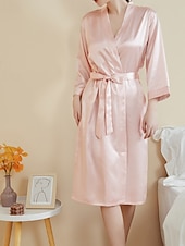 abordables Combinaisons pour femmes-Femmes Robe Occasionnel Doux Satin Couleur Unie Quotidien Maison Lit manche longue Col en V Noir Blanche Vert Claire Rose Claire bleu marine Été Printemps Coupe régulière