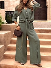 billige Blusedresser for kvinner-Dame Buksesett Bolero topp Langermet Skjortekrage Helfarge Mote Gatemote Avslappet Daglig utendørs Hvit Mørkegrønn Brun Sommer Løstsittende