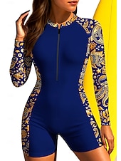 お買い得  ワンピースラッシュガード-女性用 レギュラー ラッシュガード 水着 ボイレグ フラワー トロピカル風 ジッパーを閉める 取り外し式パッド フロントファスナー UVサンプロテクション UPF50+ 超軽量(UL) 長袖 スイムウェア ラッシュガード サーフィン ビーチ ウォータースポーツ 夏