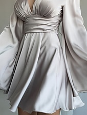 halpa Yksinkertainen mekko-Naisten Mini mekko Satiini mekko Tanssiaispuku Juhlamekko Coctail-asu Muoti Moderni Iltajuhlat Juhla Cocktailjuhla Normaali Tavallinen Pitkähihainen V kaula-aukko Musta Ruskea Apila Harmaa Kevät Syksy