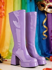 cheap Women's Shoes-Women's Mardi Gras 1980s Retro Purple Platform Knee-High Boots with Block Heels – Shiny Patent Faux Leather, Perfect for Carnival Parades and Festive Celebrations