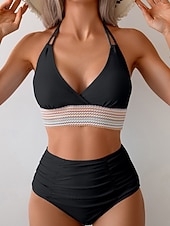 preiswerte Bikini-Sets-Damen Badeanzug Zweiteilig Freche Unterhose Bademode Gerafft Rückenfrei Urlaub Strandbekleidung Einfach Neckholder Ärmellos Badeanzüge