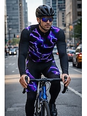 cheap Men's Clothing Sets-Men's Cycling Jersey with Bib Tights Long Sleeve Mountain Bike MTB Road Bike Cycling Spring Autumn / Fall Red Blue Purple Lightning Bike Sweat wicking Comfortable Breathable Spandex Sports Clothing
