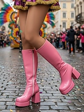 cheap Women's Shoes-Women's Mardi Gras 1980s Retro Purple Platform Knee-High Boots with Block Heels – Shiny Patent Faux Leather, Perfect for Carnival Parades and Festive Celebrations