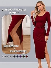 cheap Women-Women's long sleeve square neck waist pleat one side slit ribbed long dress