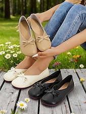 preiswerte Ballerinas für Damen-Damen-Ballerinas aus weichem Kunstleder in Mandelfarbe mit weiter Passform und Schleife – minimalistische Slipper für Büro, Freizeit und Schule