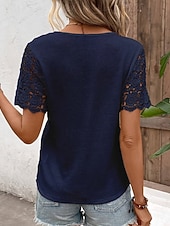 abordables Tops de Encaje-Mujer Blusa Tops de encaje Encaje Retazos Botones Plano Casual Manga Corta Escote en Pico Tops regulares Diario Festivos Noche Azul Marino Verano Primavera