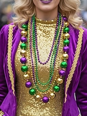 levne Příslušenství-Dámská sada plastových náhrdelníků s korálky na Mardi Gras - barevné zelené fialové a zlaté perfektní pro karnevalové a maškarní párty