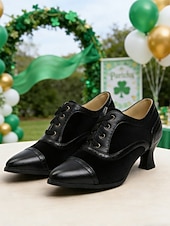  Γυναικεία πράσινα και μαύρα παπούτσια με τακούνι και κορδόνια – vintage σχέδιο με κονκάρδες στα δάχτυλα και στυλ Αγίου Πατρικίου, ιδανικά για εορταστικές εκδηλώσεις και γιορτές.