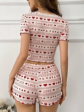 economico Pigiami e Lounge San Valentino-Per donna Set Pigiama Casual Comfort Cuore Elastico in vita Shorts Quotidiano Casa Manica Corta Scollo a V Nero Rosso Estate Primavera Vestibilità aderente