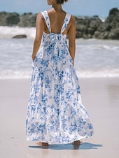 tanie Sukienki kwiatowe-Damskie Sukienka maxi Sukienka A line Sukienka na ramiączkach Urlop Codzienny Na zewnątrz Wyjściowe Luźna Kwiaty Graficzny Bez rękawów Cienkie ramiączka Niebieski Błękit nieba Pomarańczowy Zielony