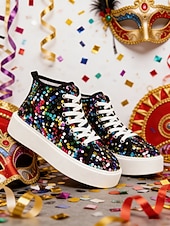 cheap Women's Shoes-Women's Mardi Gras Black Colorful Sequin High-Top Sneakers – Trendy Festival Shoes for Carnival, Parades and Street Parties