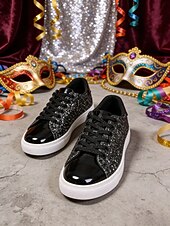 お買い得  女性の靴-ウィメンズ・マルディグラ・ゴールドグリッターのスパークリースニーカー、メタリックトーキャップ付き – カーニバル、ニューイヤーズイブ  カジュアルグラム用のブリングレースアップフラットシューズ