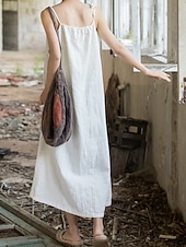 cheap Premium Linen Collection-Women's Midi Dress Cotton Linen Dresses Shift Dress Sundress Slip Dress Vintage Fashion Daily Outdoor Vacation Loose Fit Plain Sleeveless Straps Blue Teal White Yellow Summer Spring