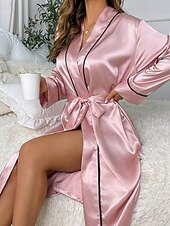 baratos Roupões para mulher-Mulheres manto Casual Macia Seda Retalhos Cordões Patchwork Diário Casa De Cama Manga Longa Decote V Preto Rosa Vermelho Cáqui Verão Ajuste Largo