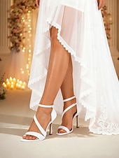 baratos noiva-Sandálias de noiva elegantes com tiras finas e salto agulha no tornozelo, sapatos de casamento de salto alto com bico aberto para noivas, salto minimalista branco para cerimônia.