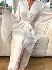 abordables Combinaisons pour femmes-Femmes Robe Occasionnel Doux Satin Couleur Unie Dentelle Quotidien Maison Lit manche longue Col en V Noir Blanche Été Printemps Coupe Ample