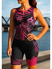 お買い得  ウィメンズトライアスロンウェア-女性用 サイクリングジャージー トライスーツ ダウンヒルジャージー ノースリーブ 夏 春 秋 ローズレッド+ブラック 幾何学模様 ライン／ウェイブ カーブ バイク サンスクリーン UV耐性 3Dパッド サイクリング 速乾性 スポーツ 衣類