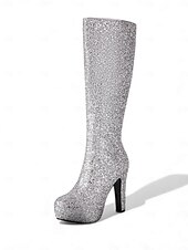 preiswerte Frauen Schuhe-Damen Mardi Gras Silber Glitter Plateau Stiefel - Knöchelhohe Klobige Absatz-Schuhwerk für Venezianische Maskeraden Kostümbälle  Festliche Partykleidung