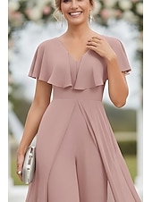 preiswerte Overalls für Mütter-Overalls Bodenlang Brautmutterkleid Kurzarm V Ausschnitt Elegant Einfach Hochzeitsgast Verlobungsfeier Chiffon mit Rüschen Seitlich drapiert