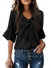 Χαμηλού Κόστους Επίσημες Μπλούζες-Γυναικεία Πουκάμισο Κομψή Σατέν Μπλούζα Μπλούζα Σουρωτά Με Βολάν Κουρελού Σκέτο Κομψό Βίντατζ Καθημερινά Μακρυμάνικο Λαιμόκοψη V Κανονικά μπλουζάκια Καθημερινά Δουλειά Αργίες