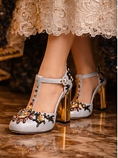 preiswerte Barock &amp; Aussage-Damen Mardi Gras Barock-inspirierte Karneval T-Strap Heels – Verzierter Satin-Pumps mit goldenen Akzenten Strasssteinen und klobigen Absätzen für Maskeradenbälle und Feierlichkeiten