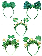 Diademas para el Día de San Patricio para mujer (paquete de 5) - Trébol verde con brillantina &Aros para el pelo con lazo, accesorios festivos para disfraces irlandeses para desfiles y fiestas.