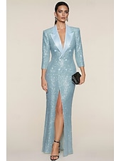 economico Abiti da smoking-Per donna Abito blazer Abito da smoking Guaina Affari Formale Ospite di nozze Raso Strass Elegante Spacco Alto Manica 3/4 Lunghezza al pavimento Bavero a lancia Doppiopetto