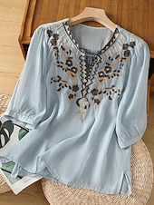 abordables Blusas Sencillas-Mujer Blusa Lino de algodón sintético Frunce Bordado Floral Elegante Casual Manga 3/4 Cuello Barco Tops regulares Diario Azul Piscina Blanco Rosa Morado Verde Trébol Verano Primavera