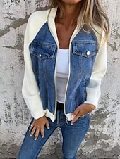 cheap Women's Outerwear-Women's Casual Jacket Denim Jacket Warm Comfortable Zipper Pocket Retro Casual Color Block Vacation Home Daily Wear Going out Regular Stand Collar Regular Fit Long Sleeve Outerwear Blue Black White