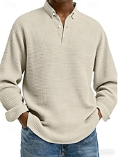 abordables Polo clásico para hombre-Hombre Camisetas polo con diseño de gofre Camisetas polo Casual Calle Diseño Manga Larga Básico Moderno Plano Botones Primavera Otoño Ajuste regular Negro Blanco Rojo Azul Marino Albaricoque