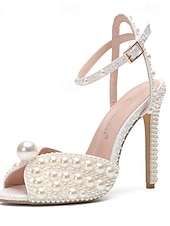 Недорогие Невеста-женские туфли на шпильке, украшенные жемчугом — элегантные свадебные туфли с ремешком на щиколотке и открытым носком