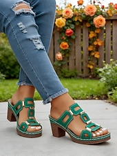 olcso Kényelmes szandálok-Női zöld blokk sarkú, hétköznapi szandál, tartást adó, párnázott talpbetéttel, stabil középsarkú kialakítással mindennapi viseletre, városi sétákra, utazásra és társasági eseményekre.