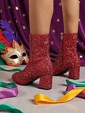 お買い得  女性の靴-ウィメンズ マルディグラ ピンク グリッター 膝丈ブーツ ブロックヒール付き - きらめく、大胆なファッションステートメント、カーニバル、フェスティバル、コスチュームパーティーに最適