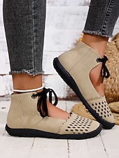 cheap Women's Flats-Women's Beige Perforated Lace-Up Comfort Shoes, Breathable Design, Flexible Non-Slip Sole for Walking, Travel and Everyday Casual Use