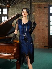 economico Abiti degli anni '20-Set Anni Ruggenti Anni 1920 Lunghezza al ginocchio Abito Flapper Abito da cocktail Costume di fantasia con accessori Maniche corte Il grande Gatsby Ragazza Flapper Paillettes Frangia con nappe Scollo