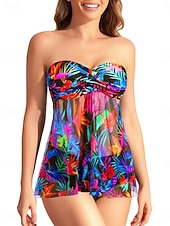 economico Tankini-Costume da bagno a due pezzi da donna tankini con ferretto culotte sgambate controllo pancia vita alta slim schiena scoperta vacanza mare senza spalline floreali senza maniche