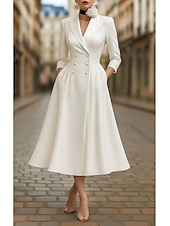 voordelige Rokjes-Dames Smokingjurk A-lijn Bruiloft Formeel Bruiloft gast Satijn 4-way stretchstof Elegant Smoking 3/4 Mouw Over de knie Punt Revers Dubbele rij knopen